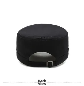 Back view of black cotton cadet cap showing adjustable strap and silver metal buckle