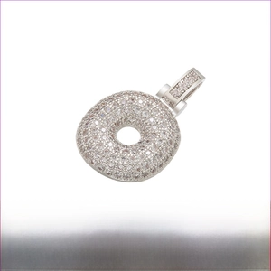 Detailed view of silver rhodium plated brass pendant with iced out stones and dimensions