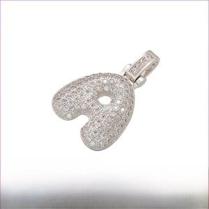 Detail of bubble letter A pendant in rhodium plated brass with sparkling zircons