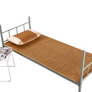 Folding ice silk summer cooling mat with pillow set for single dorm bed in natural brown