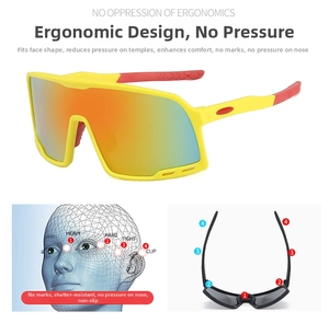 Detailed ergonomic layout of windproof sports sunglasses with yellow frame and red rubber tips