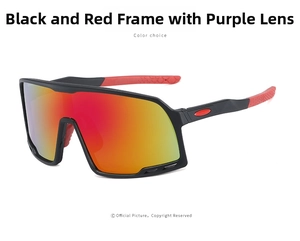 Macro detail of windproof sports sunglasses with black-red frame and purple coated lens