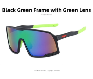 Detail view of matte black cycling glasses with gradient green lens and lime green tips