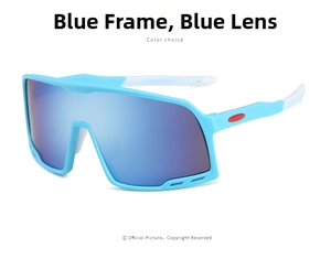 Detail of sports sunglasses featuring blue frames with matching polarized lenses