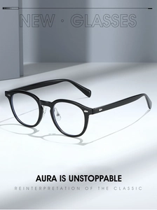 Close-up of retro TR90 round glasses frame with silver rivet detail and classic black finish