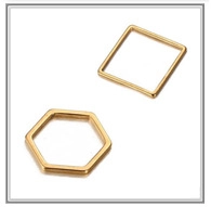 Detail of golden stainless steel geometric frame charms in square and hexagon shapes