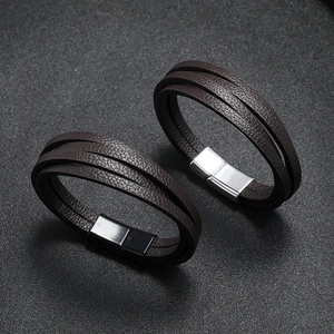 Minimalist multi-layer brown leather bracelet for men with magnetic metal clasp