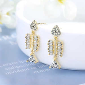 Unique fishbone drop earrings in gold finish with sparkling cubic zirconia crystals