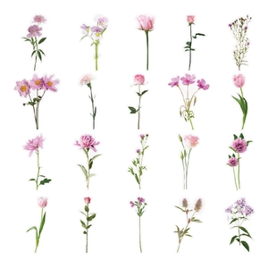 20-piece waterproof pink floral PET stickers set including tulips and roses for DIY journals