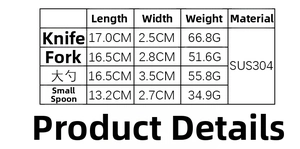 Detailed size chart for 304 stainless steel kids cutlery set with weights and dimensions