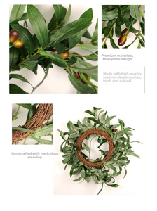 Close-up of artificial olive leaf wreath with berries and natural rattan weave detail