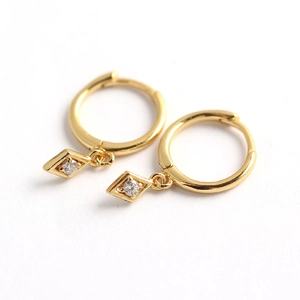 Minimalist S925 sterling silver hoop earrings with gold geometric diamond-set rhombus charms