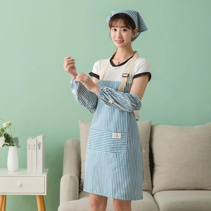 Blue and white striped cotton linen apron set including oversleeves and headscarf