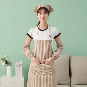 Three-piece khaki striped linen apron set with matching oversleeves and headscarf for kitchen