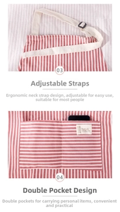 Detail of red striped cotton apron with adjustable neck strap and double front pockets