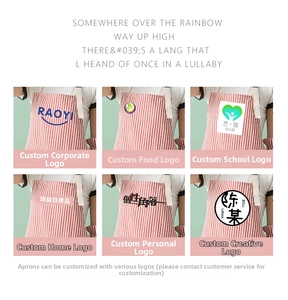 Detail view of custom logo printing services on red and white striped cotton aprons