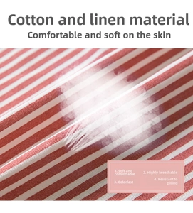 Macro view of red and white striped cotton-linen fabric with breathable fiber texture
