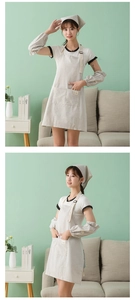 Detailed set of beige striped cotton linen apron with matching headscarf and oversleeves