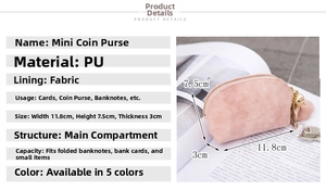 Pink mini PU coin purse showing dimensions 11.8x7.5x3cm with gold zipper and fabric lining