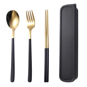 Portable black and gold 304 stainless steel cutlery set with spoon fork chopsticks and case