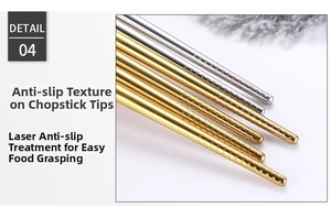 Detail showing anti-slip laser texture on stainless steel chopsticks tips for easy grip