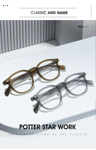 Detail view of TR90 round frame glasses in translucent brown and grey finishes