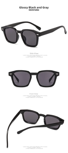 Detailed views of vintage black square sunglasses with grey lenses and metal stud accents