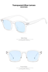 Detail view of square transparent blue sunglasses with metal stud accents and clear lenses