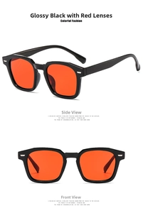 Detail view of vintage square sunglasses with glossy black frames and red lenses