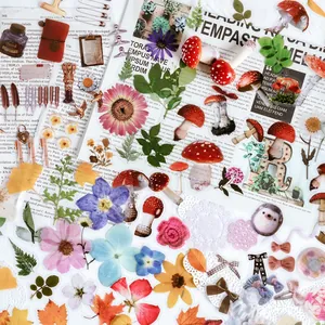 Vintage PET botanical sticker set with flowers, leaves and mushrooms for DIY scrapbooking