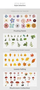 Close-up of botanical PET stickers featuring floral, leaf and mushroom DIY designs