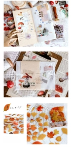 Detail of PET stickers with vintage mushroom, fern, and maple leaf motifs for DIY scrapbooking