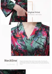 Detail of digital print silk-like robe showing waist pocket and collar texture
