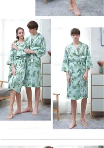 Detailed view of the light green tie-dye pattern on breathable ice silk couple bathrobes