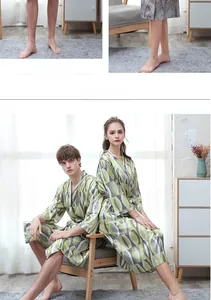 Detail of leaf print ice silk bathrobes with V-neck design and soft tie waist belt