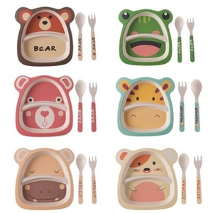 Bamboo fiber kids tableware set with cute animal plates, forks and spoons in six styles