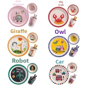 Bamboo fiber kids tableware sets featuring diverse cartoon animal and vehicle designs
