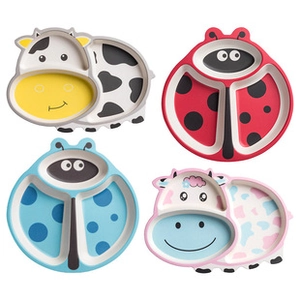 Detail showing four assorted bamboo fiber baby plates in cow and ladybug designs