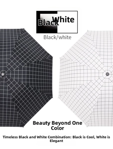 Detail view of classic black and white plaid patterns on a foldable sun umbrella