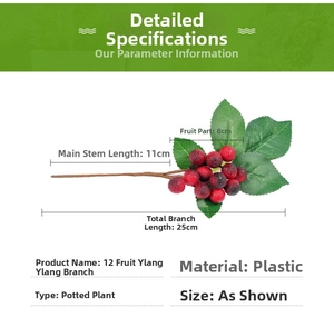 Macro detail of 25cm artificial red berry stem with 12 berries and green leaves