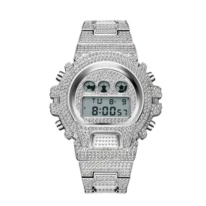 Montre numérique de luxe argentée pour homme avec strass complets et affichage digital