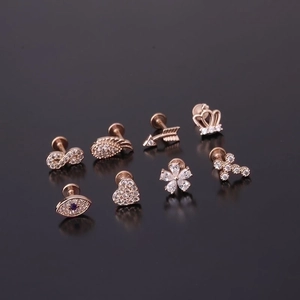8-piece set of rose gold 16G stainless steel labret studs with micro-inset zircons