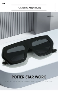 Close-up of black flat-top irregular sunglasses on minimalist architectural display