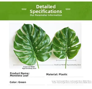 Detailed size parameters for artificial Monstera deliciosa leaves in large and small sizes
