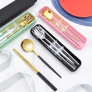 Portable stainless steel cutlery set with fork spoon and chopsticks in travel case