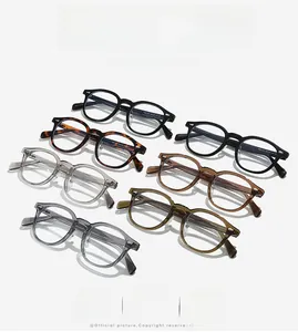 Flat lay macro view of TR90 vintage round eyeglass frames in seven stylish colors