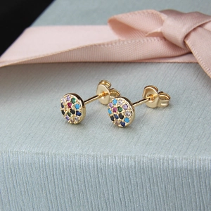 Gold plated round stud earrings with multi-color cubic zirconia on light blue gift box