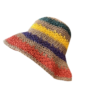Colorful striped crochet straw sun hat with wavy brim for beach vacation and sun protection
