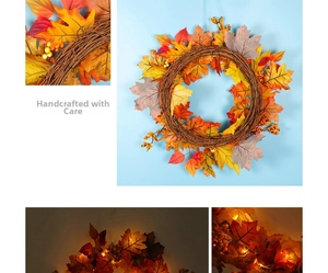 Detailed views of an autumn maple leaf wreath with berries and warm LED string lights