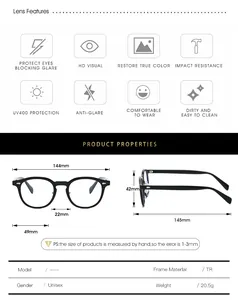 Size chart for TR90 frames showing width 144mm, lens height 42mm and 20.5g weight info